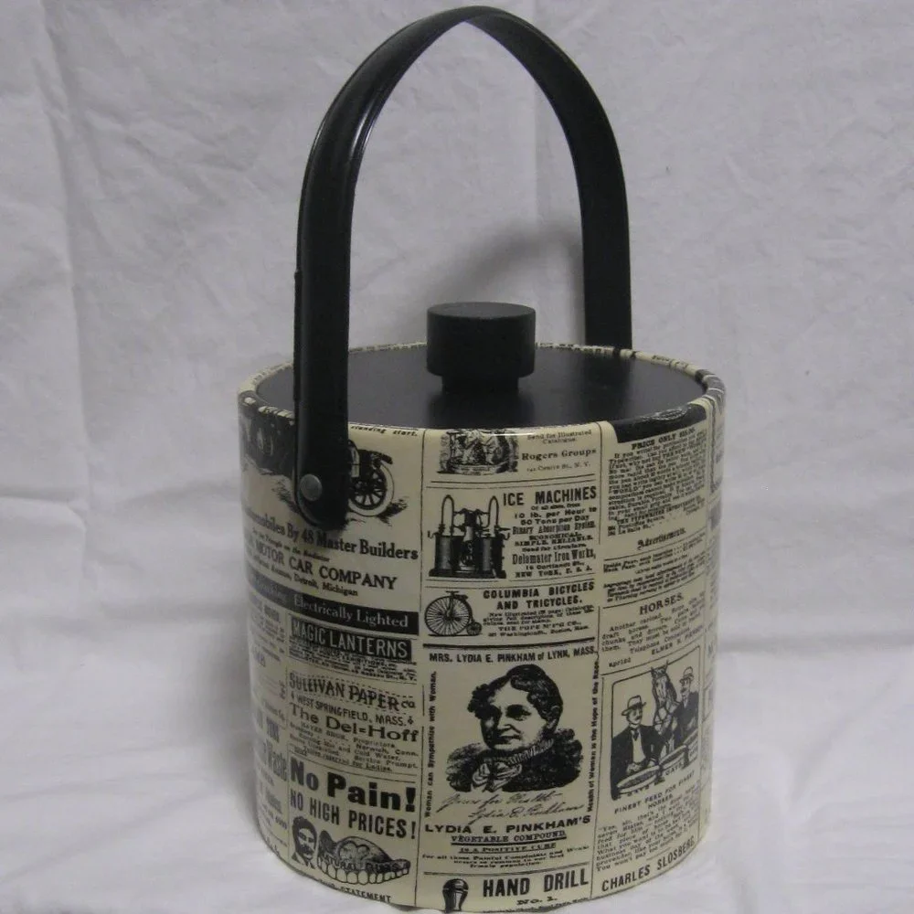 Vintage 70s Ice Bucket Retro Newspaper Advertising Print Barware Insulated